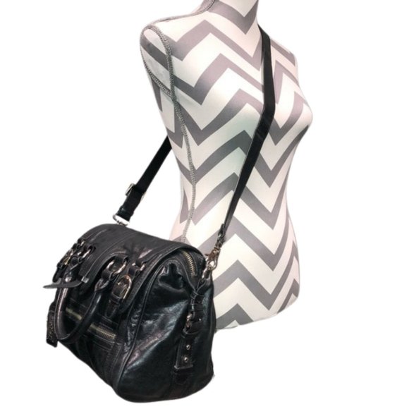 Badgley Mischka Cherise Black Leather Convertible Satchel - Picture 2 of 16